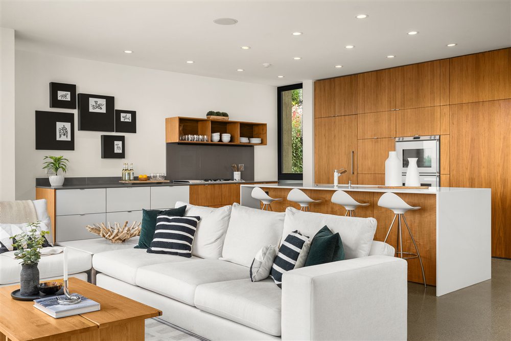 Open-concept kitchen and living area with wood cabinetry